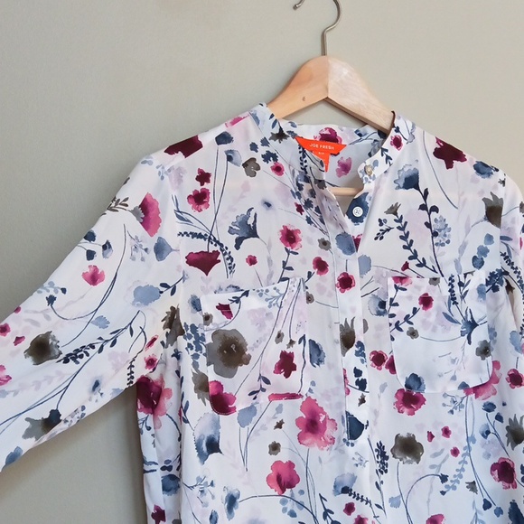 P19" L28" Joe Fresh Multicolor Floral High-low Round Hem Women's Blouse - Picture 3 of 17